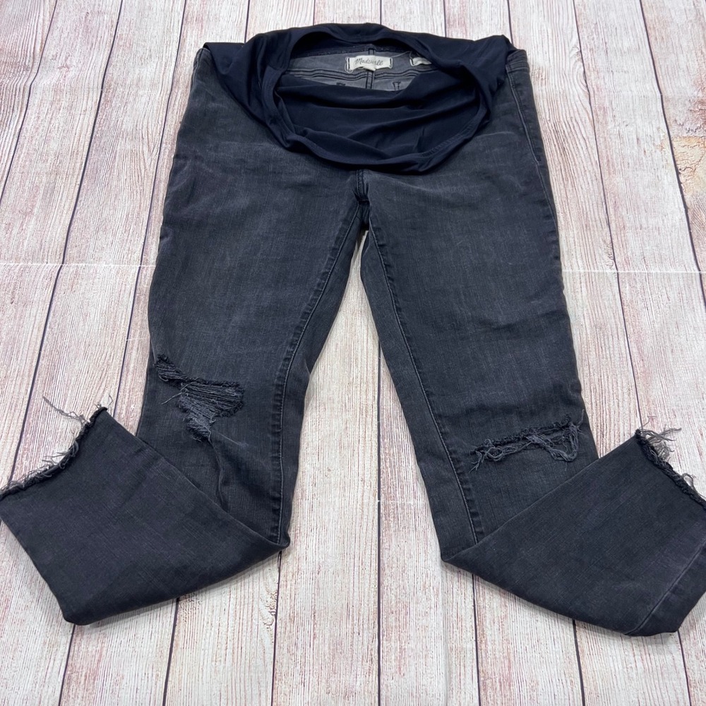 Madewell Maternity Skinny Jeans Black Distressed Raw Hem Over Belly Size 31